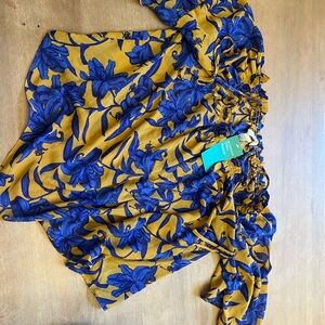 H&M Mustard Yellow and Royal Blue Floral Off-Shoulder Blouse